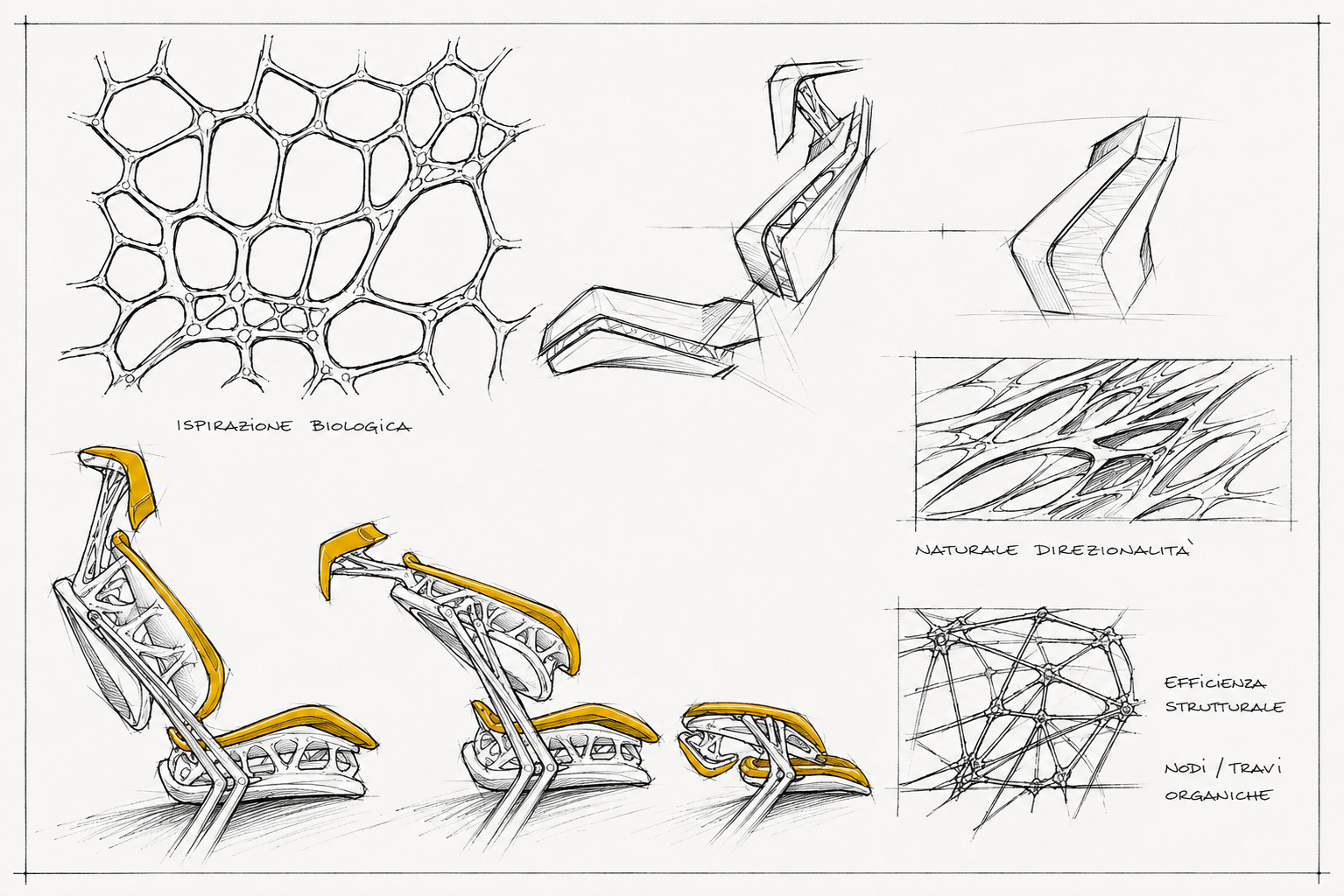 Biomimetic lattice and transformable seat design sketches for Audi Crisalis