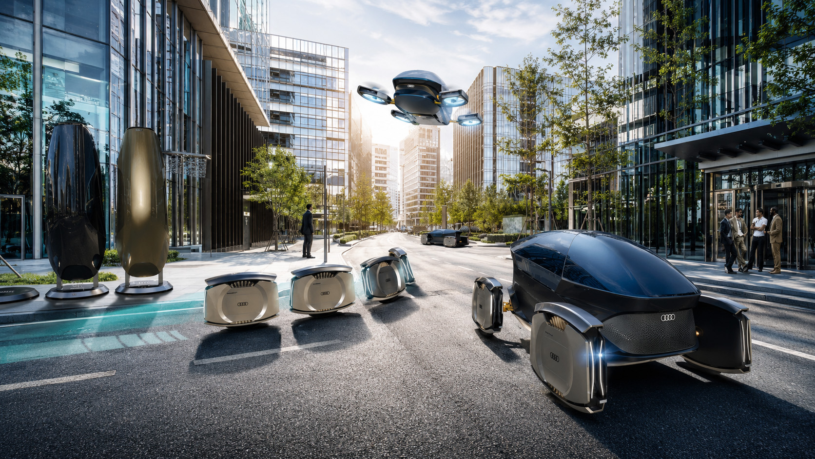 Audi Crisalis future mobility ecosystem with detachable wheel modules and autonomous vehicles