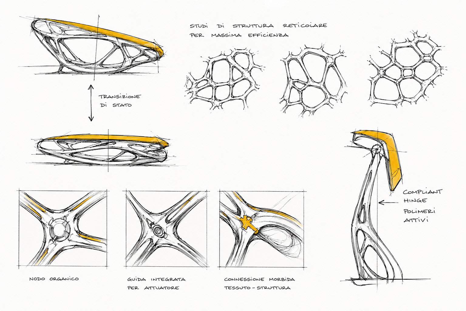 Audi Crisalis interior seat development with lattice structure and compliant mechanism sketches