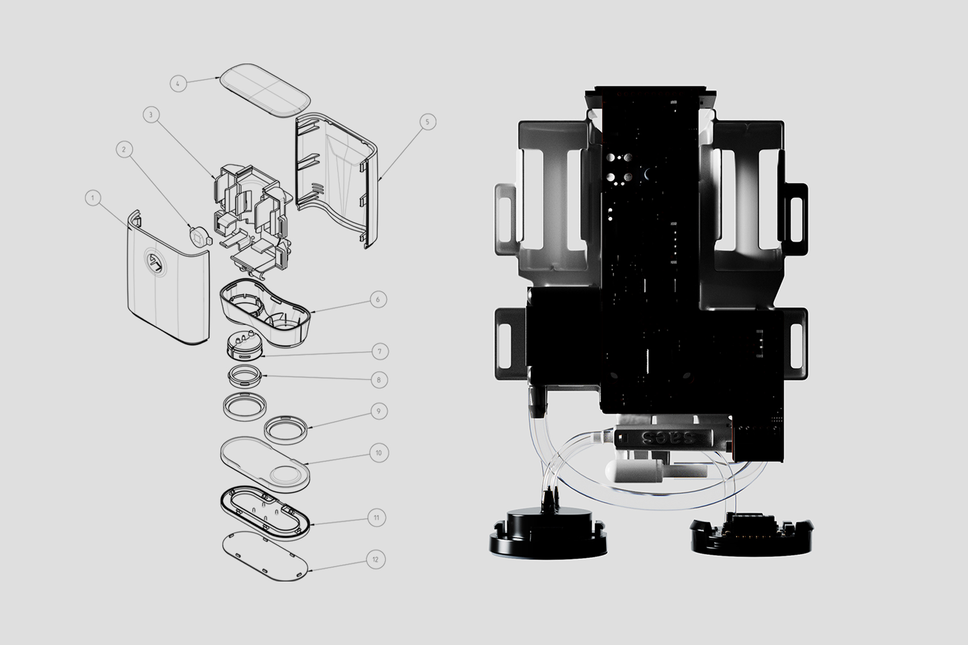 Exploded technical view of the Droid compact vacuum device and internal components