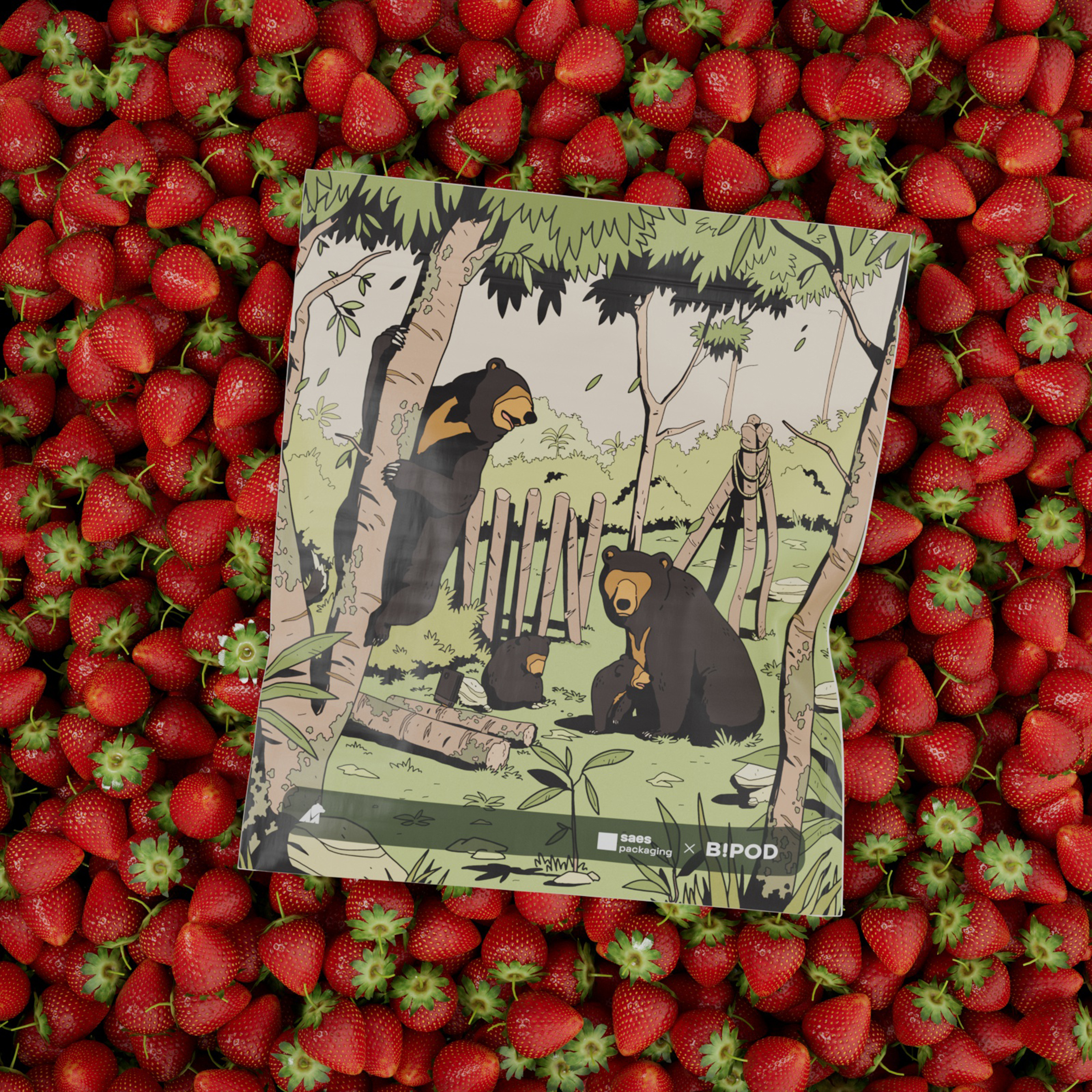 Illustrated packaging artwork placed on a background of fresh strawberries