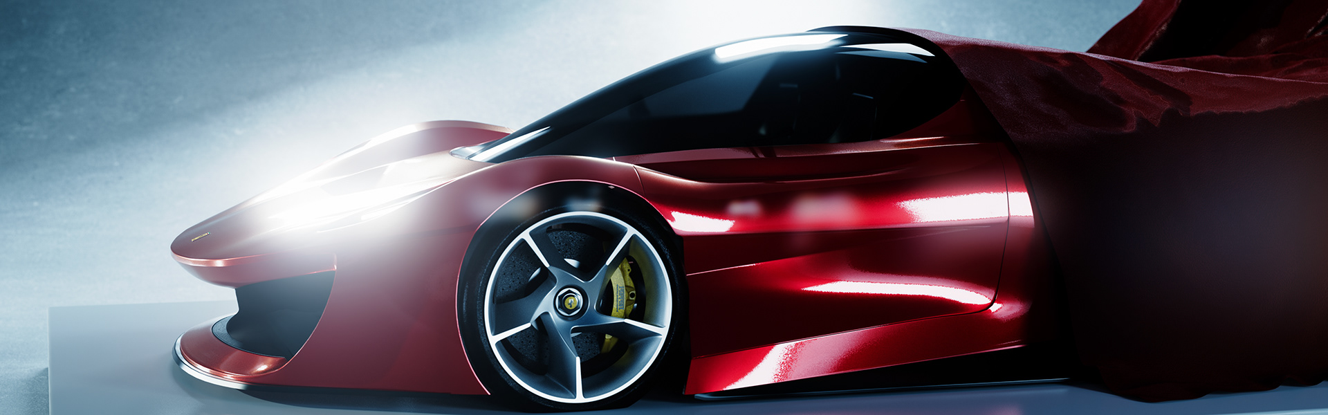 Red Ferrari Dino 806 GT concept partially uncovered from the front