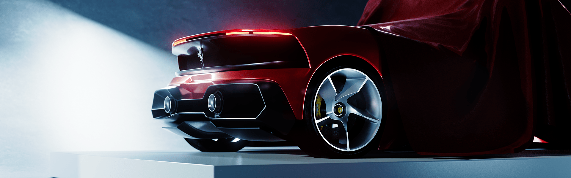 Red Ferrari Dino 806 GT concept partially uncovered from the rear