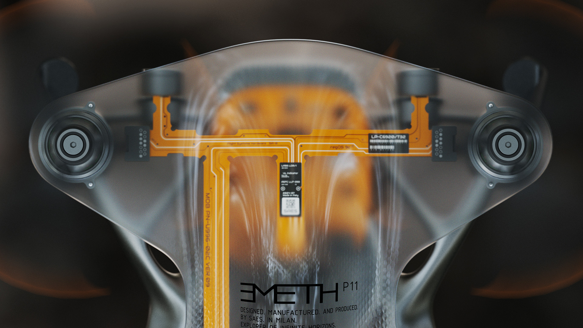 Close-up of the electronics and flexible circuits inside the P11 Emeth drone