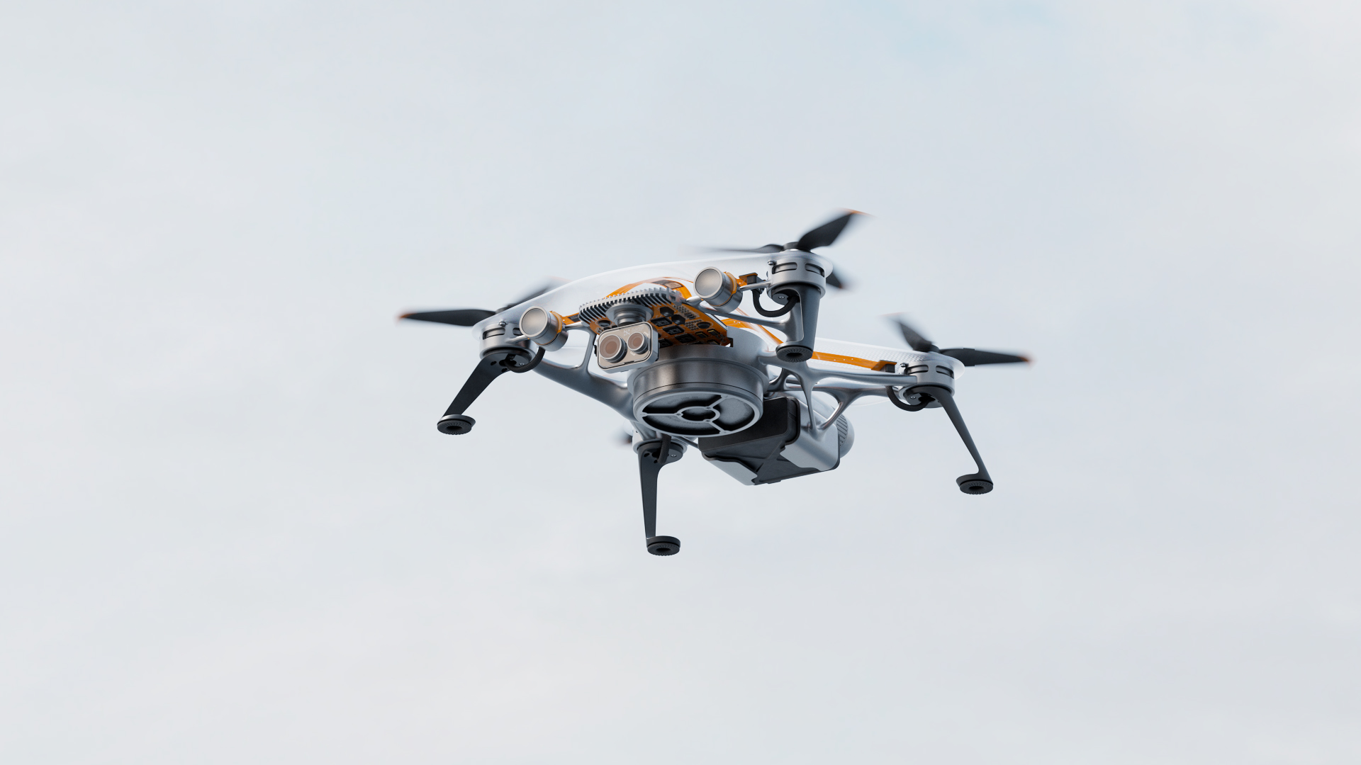 P11 Emeth applied research drone flying against a minimal sky background