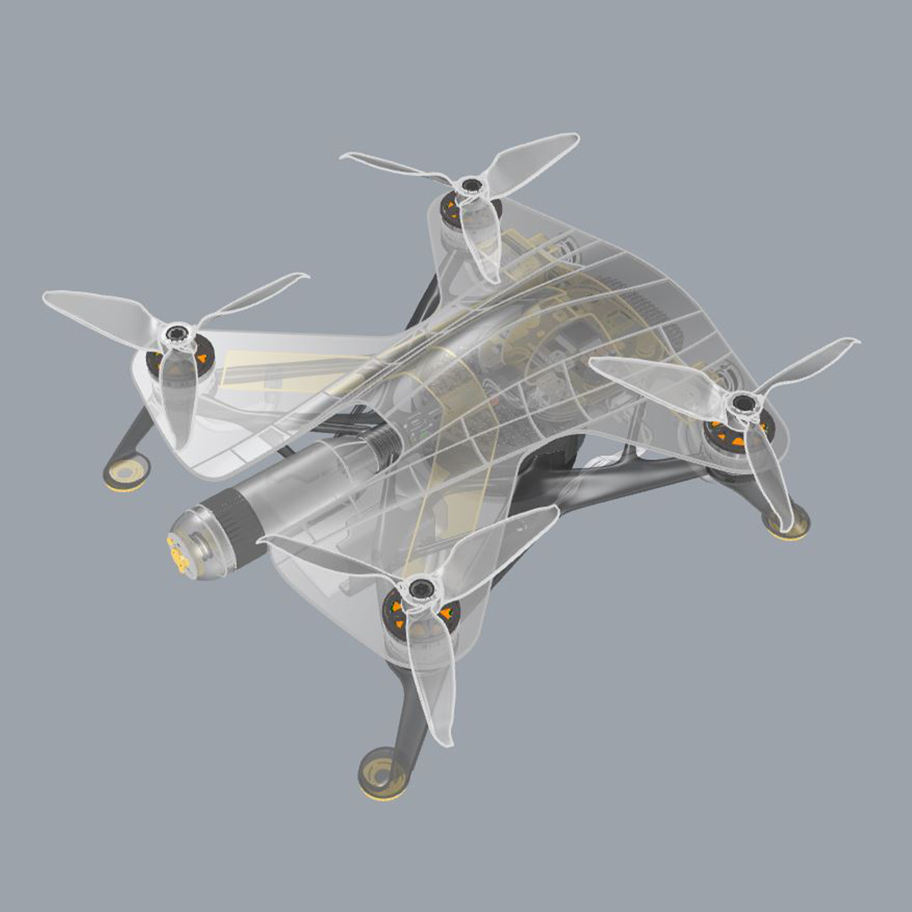 Transparent technical view showing the internal architecture of the P11 Emeth drone