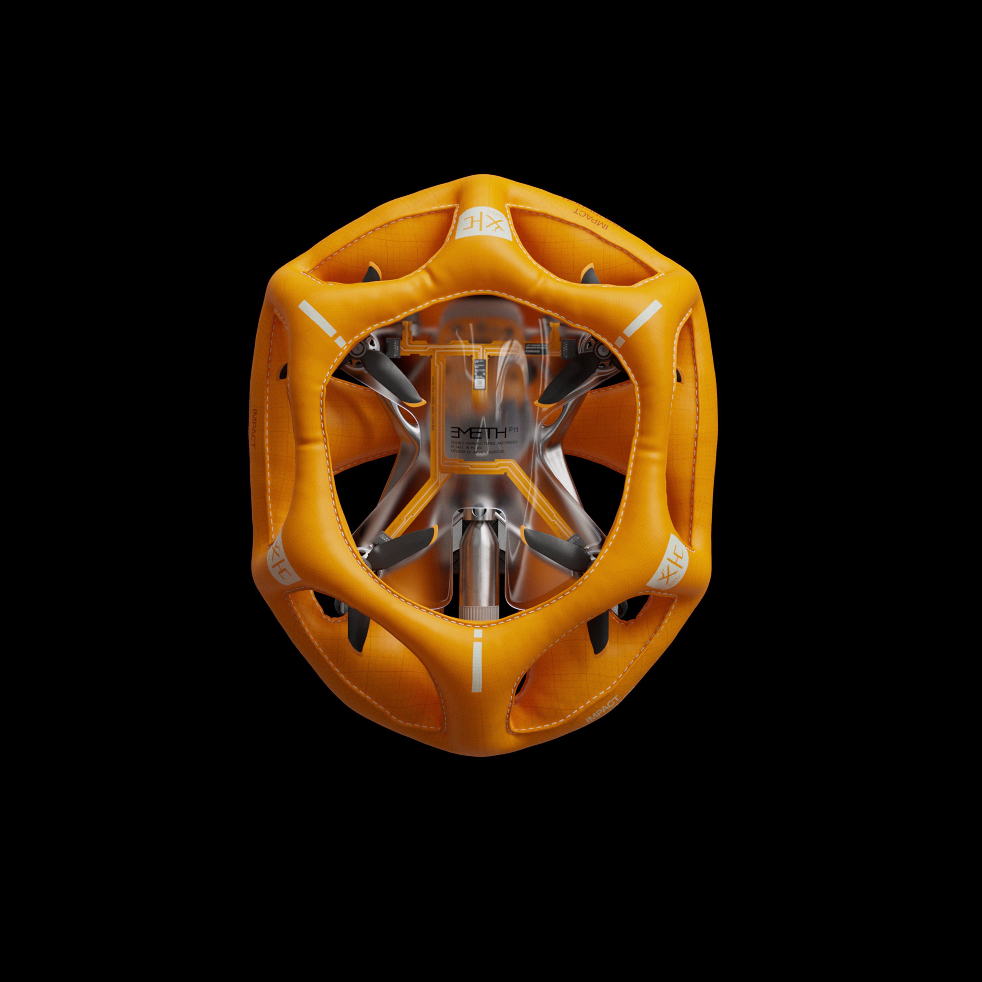 Top view of the P11 Emeth drone enclosed by its inflatable impact protection airbag