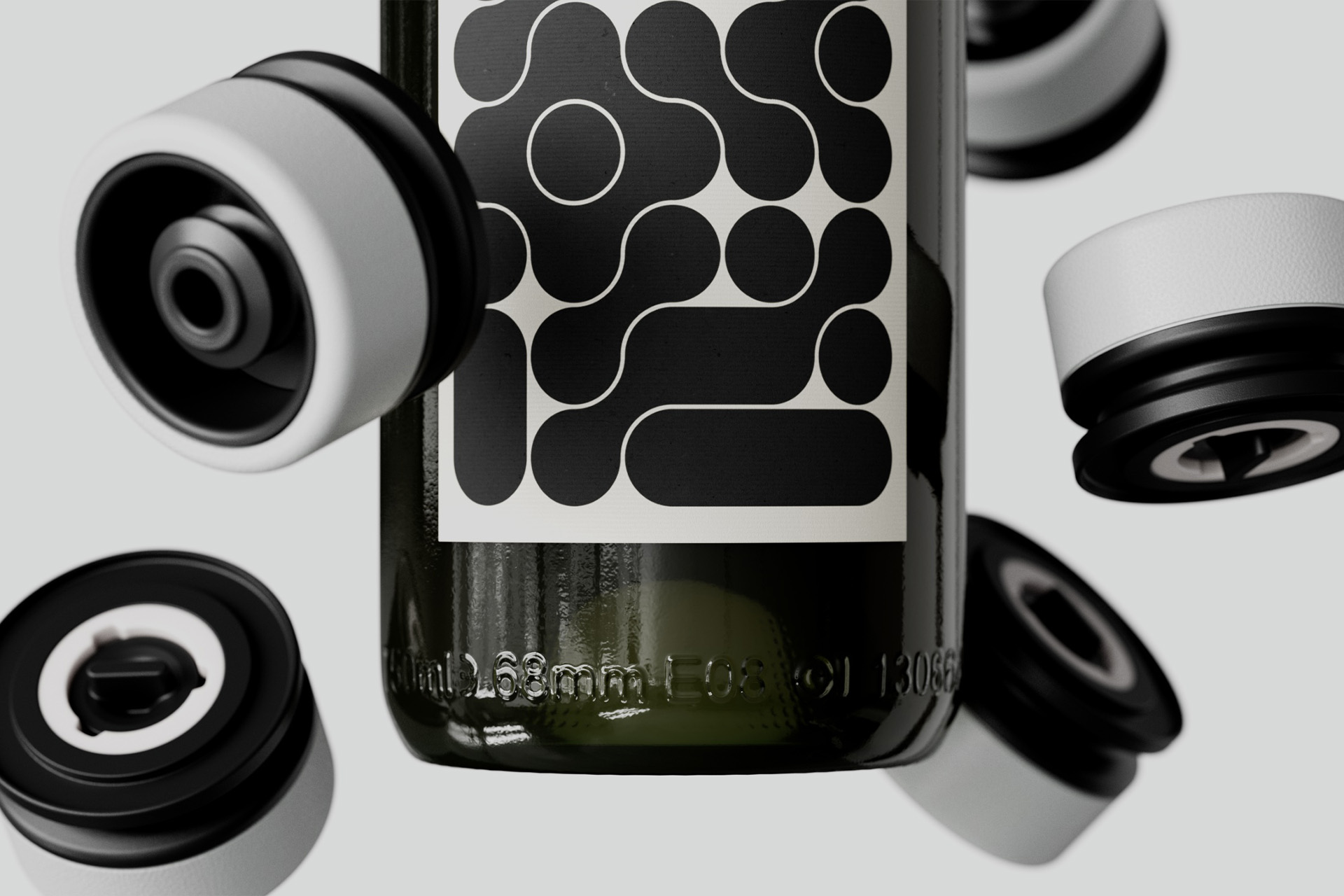 Kabuto wine preservation stoppers arranged around a wine bottle