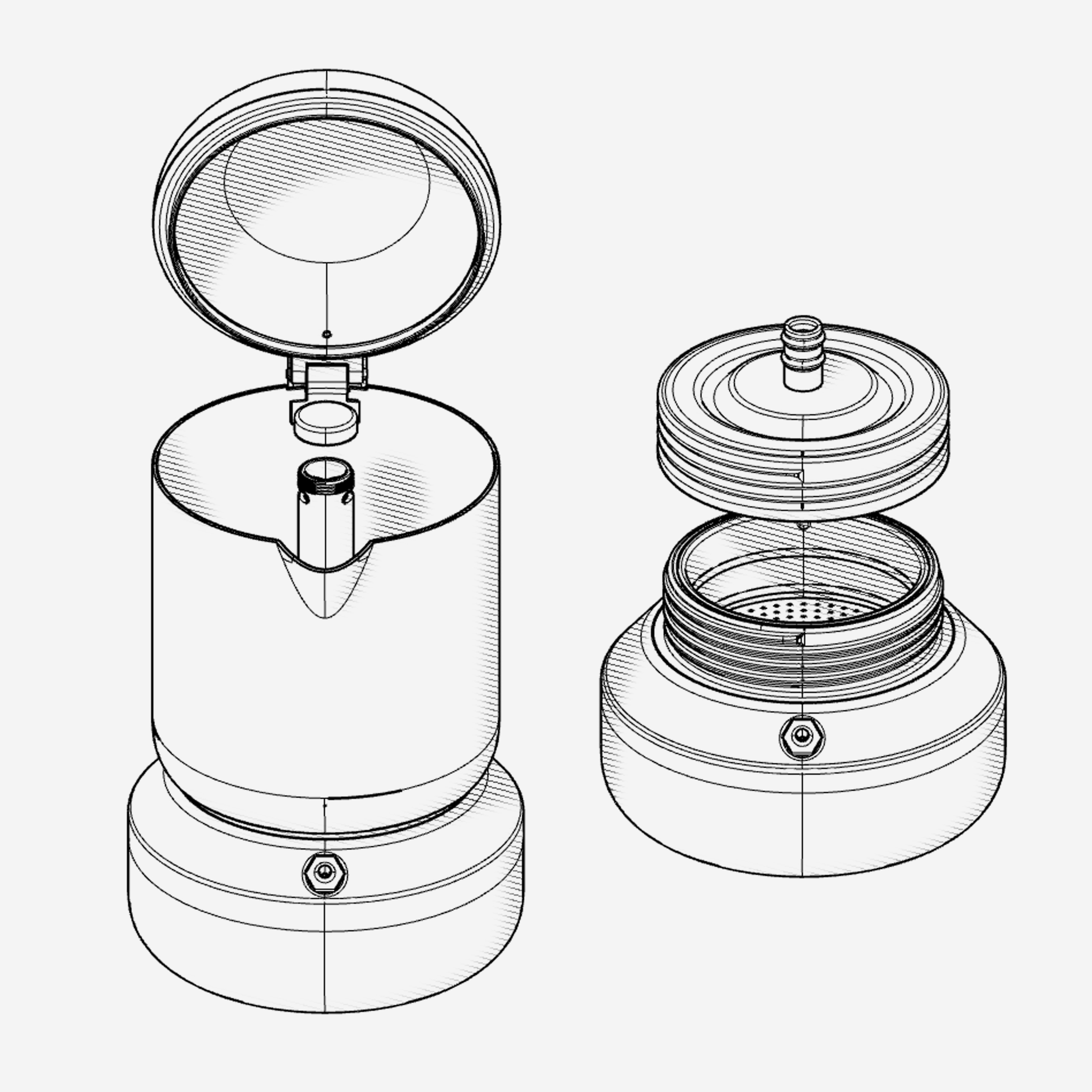 Technical drawing showing the Margot moka open and separated into its main components