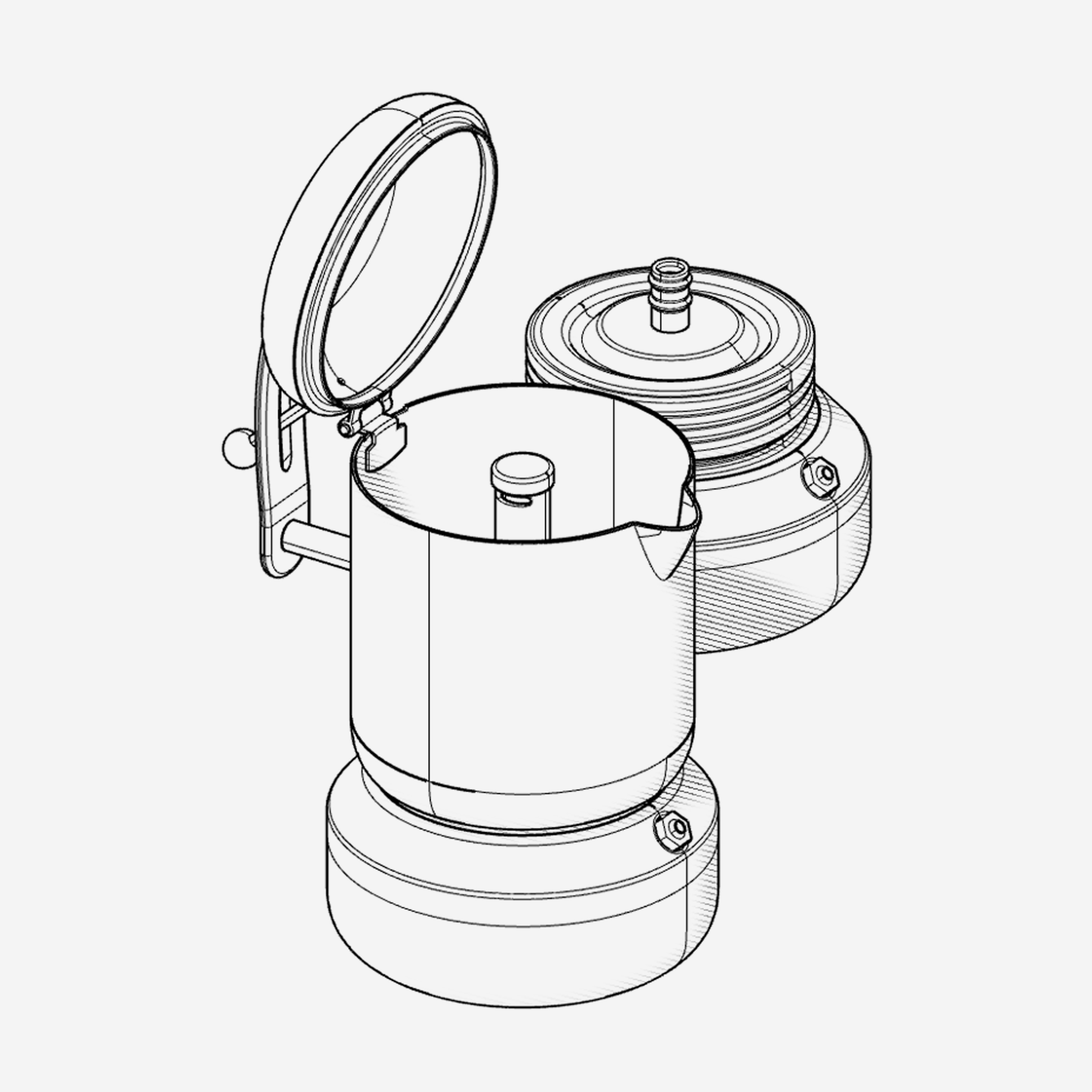 Perspective technical drawing of the Margot moka with detachable coffee pot