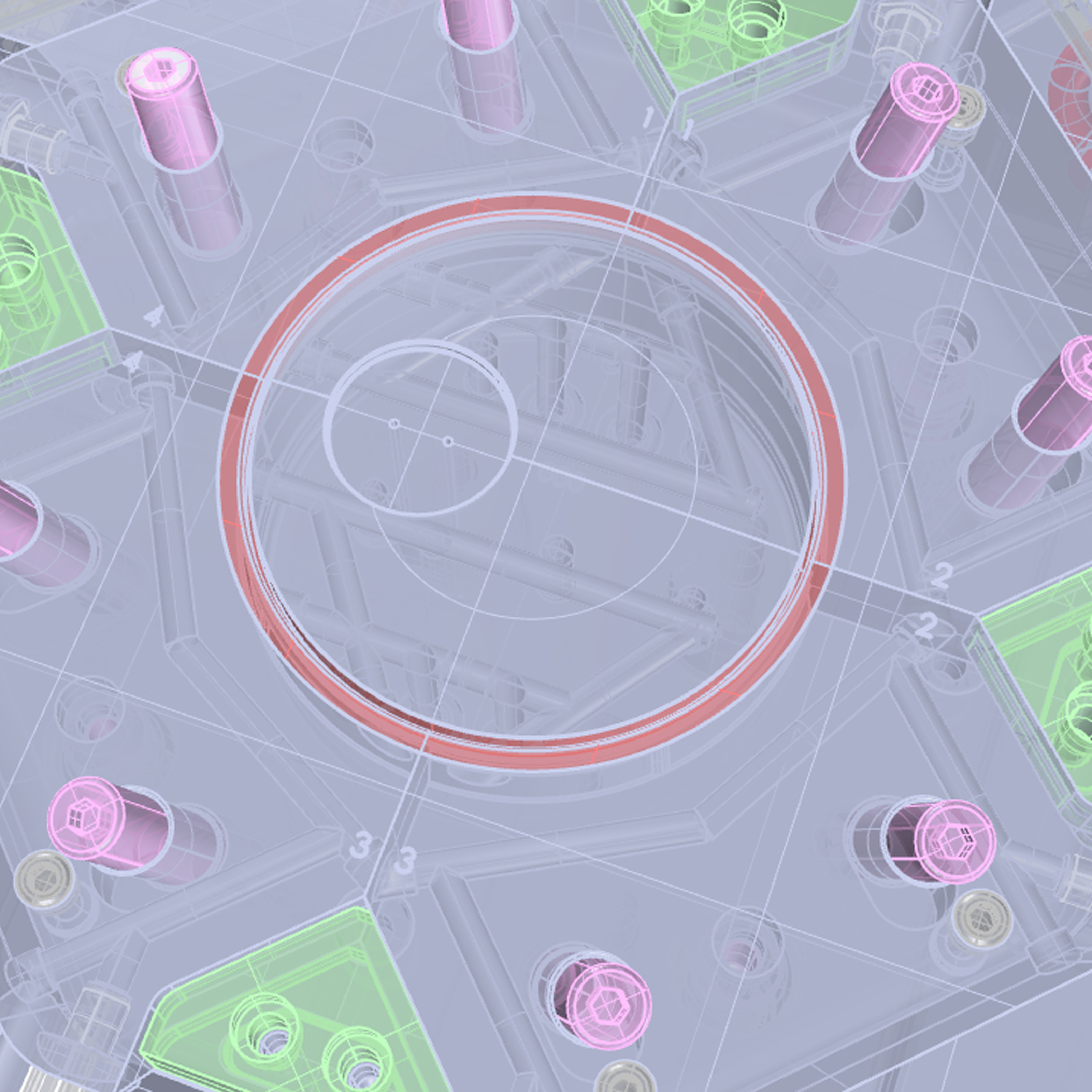 Transparent CAD visualization of an injection mold with a circular Nebula container highlighted