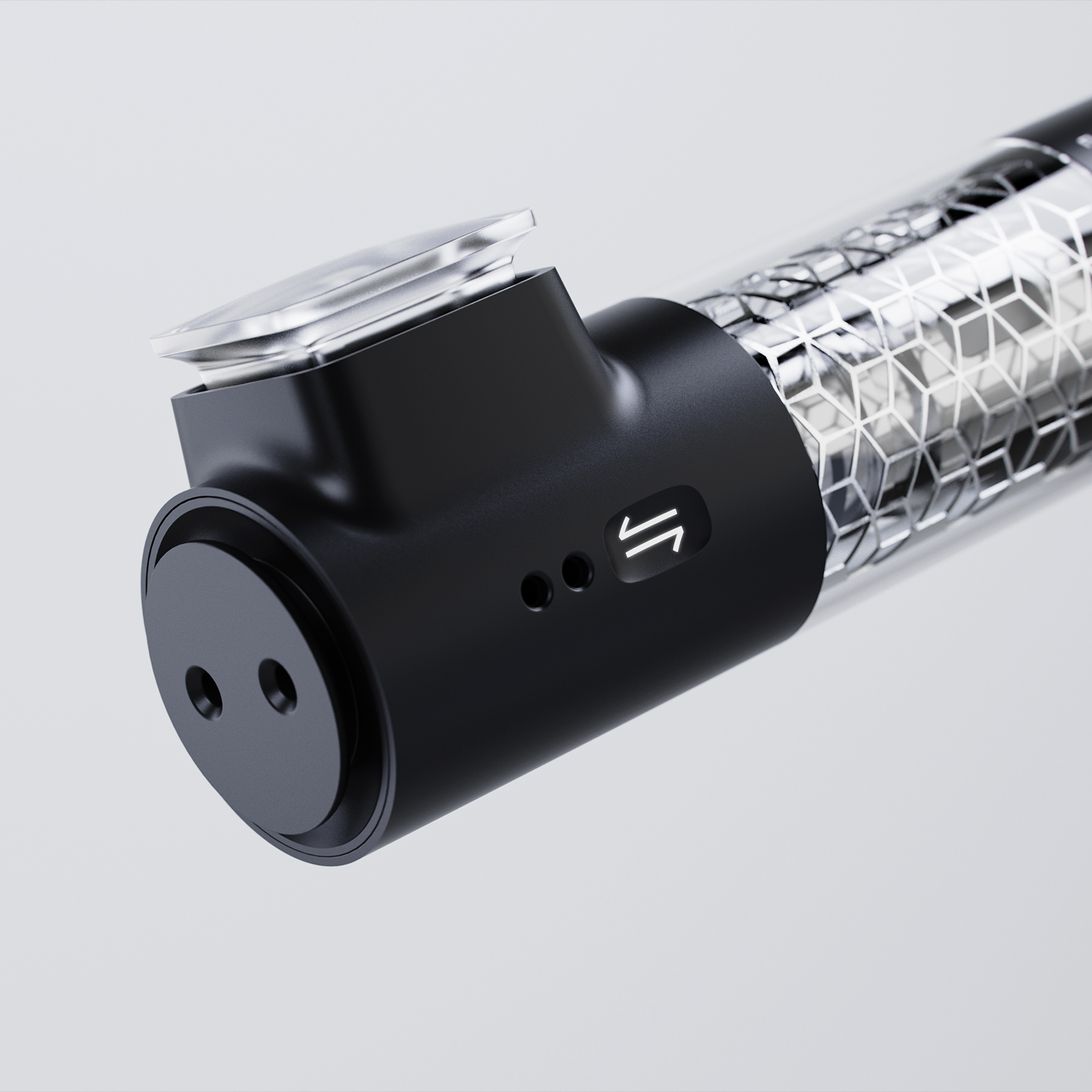 Close-up render of the Nebula functional head with transparent upper interface and illuminated control
