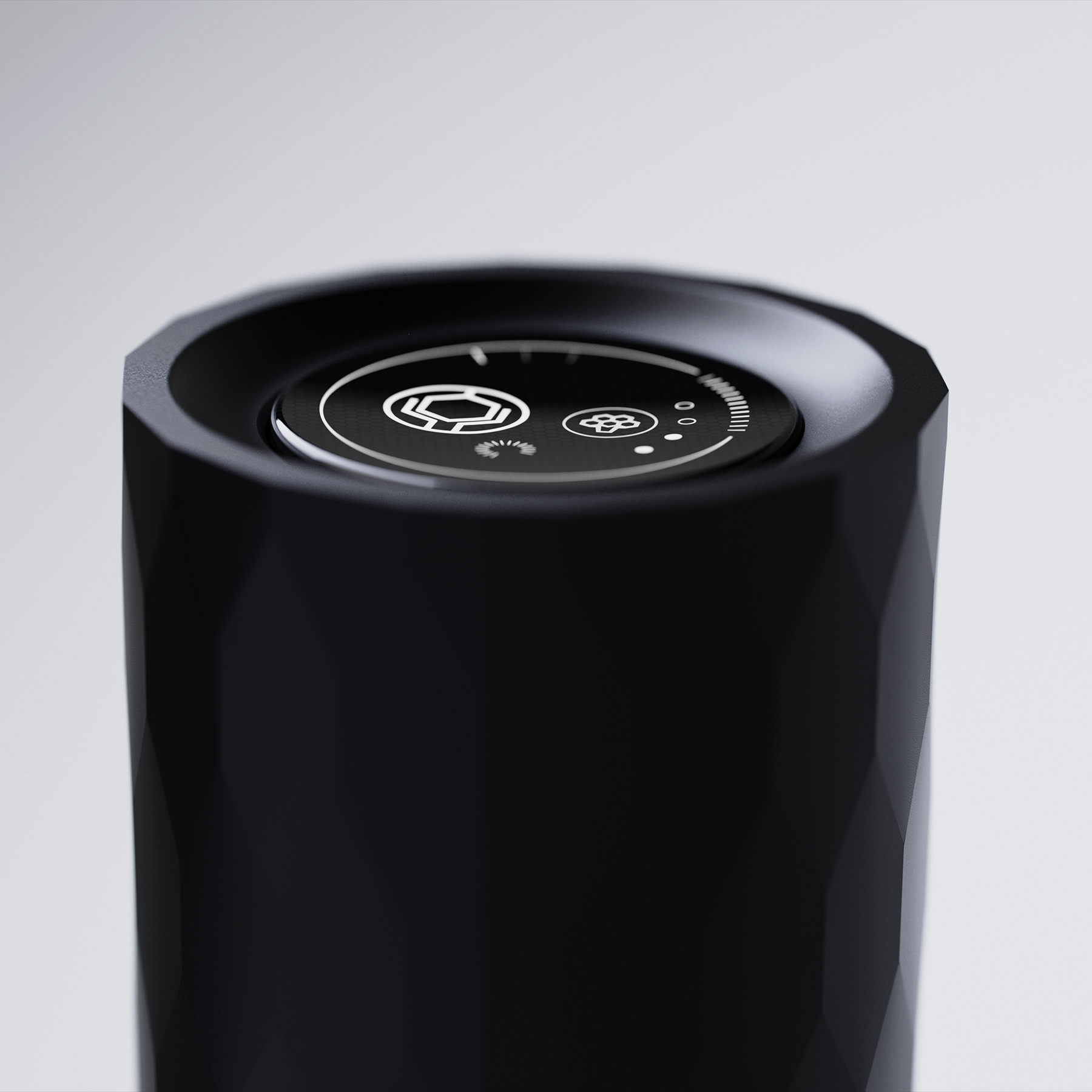 PClose-up render of the circular digital interface integrated into the top of the Nebula handle