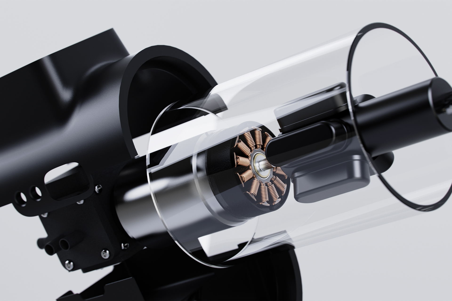 Transparent cutaway render showing the internal motor and mechanical components inside Nebula