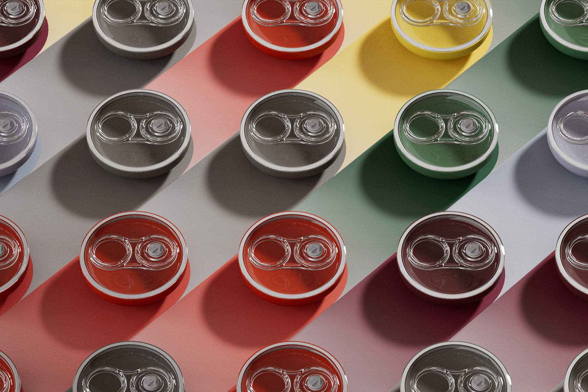 Multiple vacuum bowls arranged in a grid with different colors and finishes