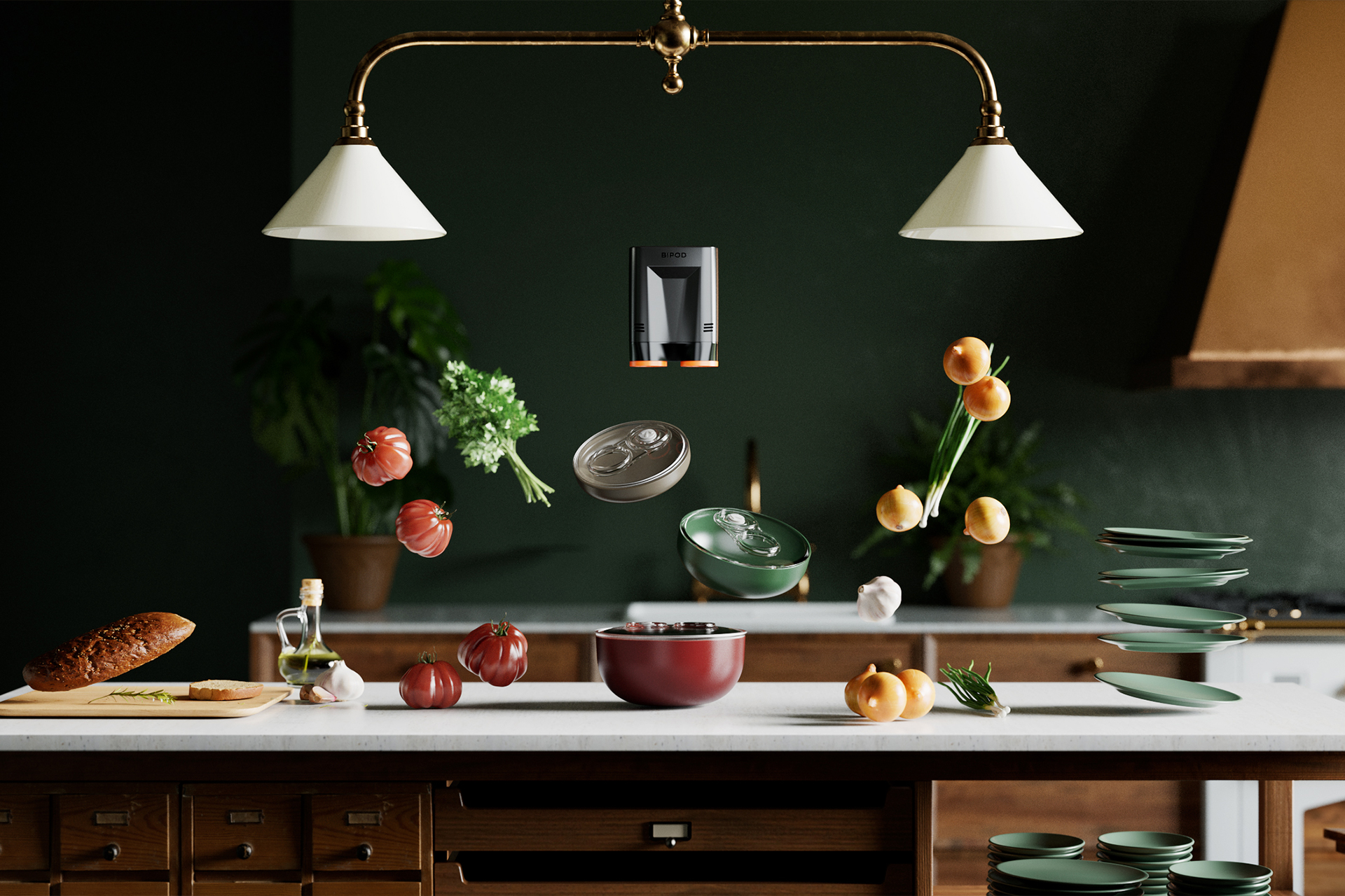 Concept visualization presenting the bowls, vacuum device and domestic environment as one coordinated system.