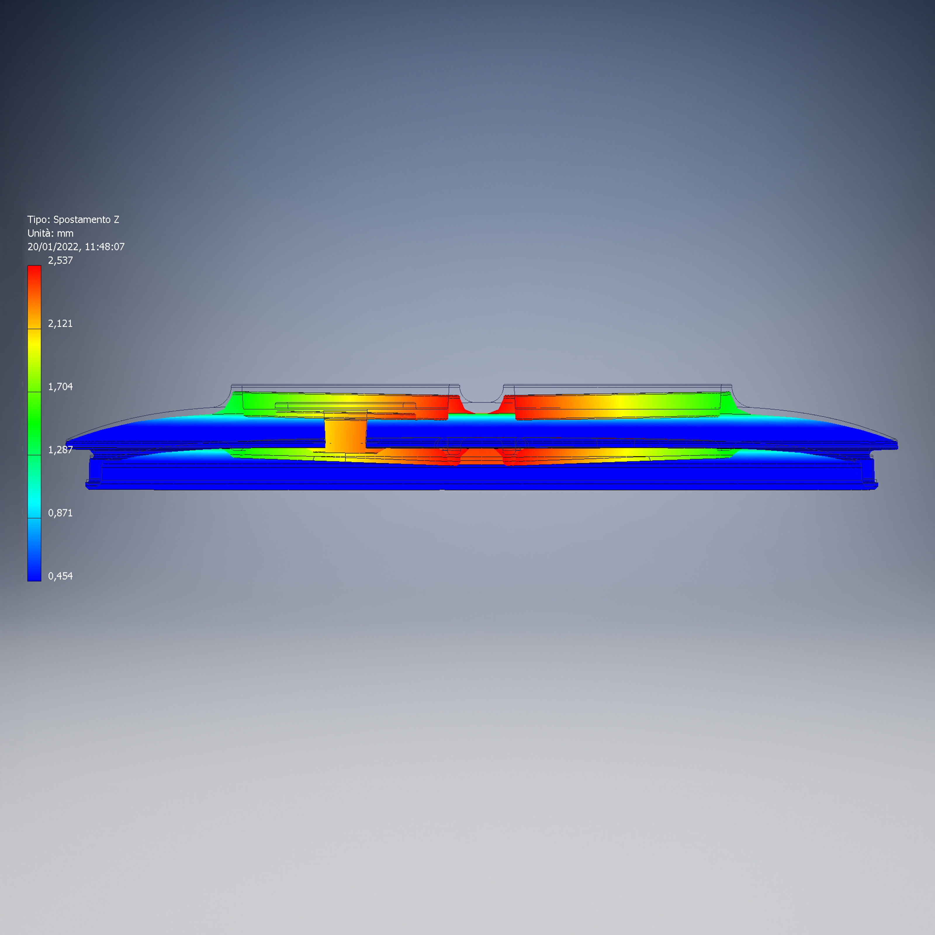 Side view of a finite element displacement analysis performed on a vacuum bowl lid