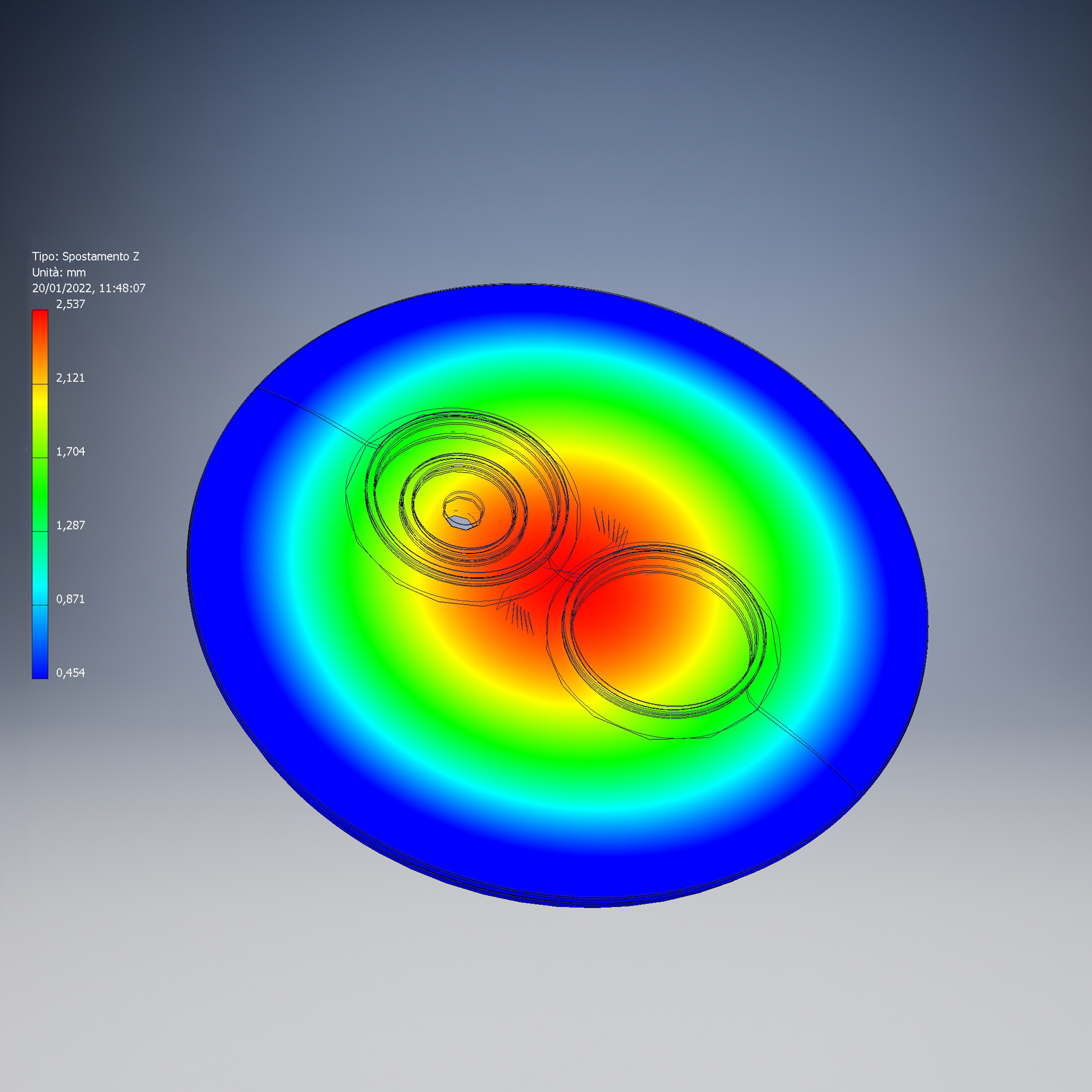 Finite element displacement analysis of a vacuum bowl lid viewed from above