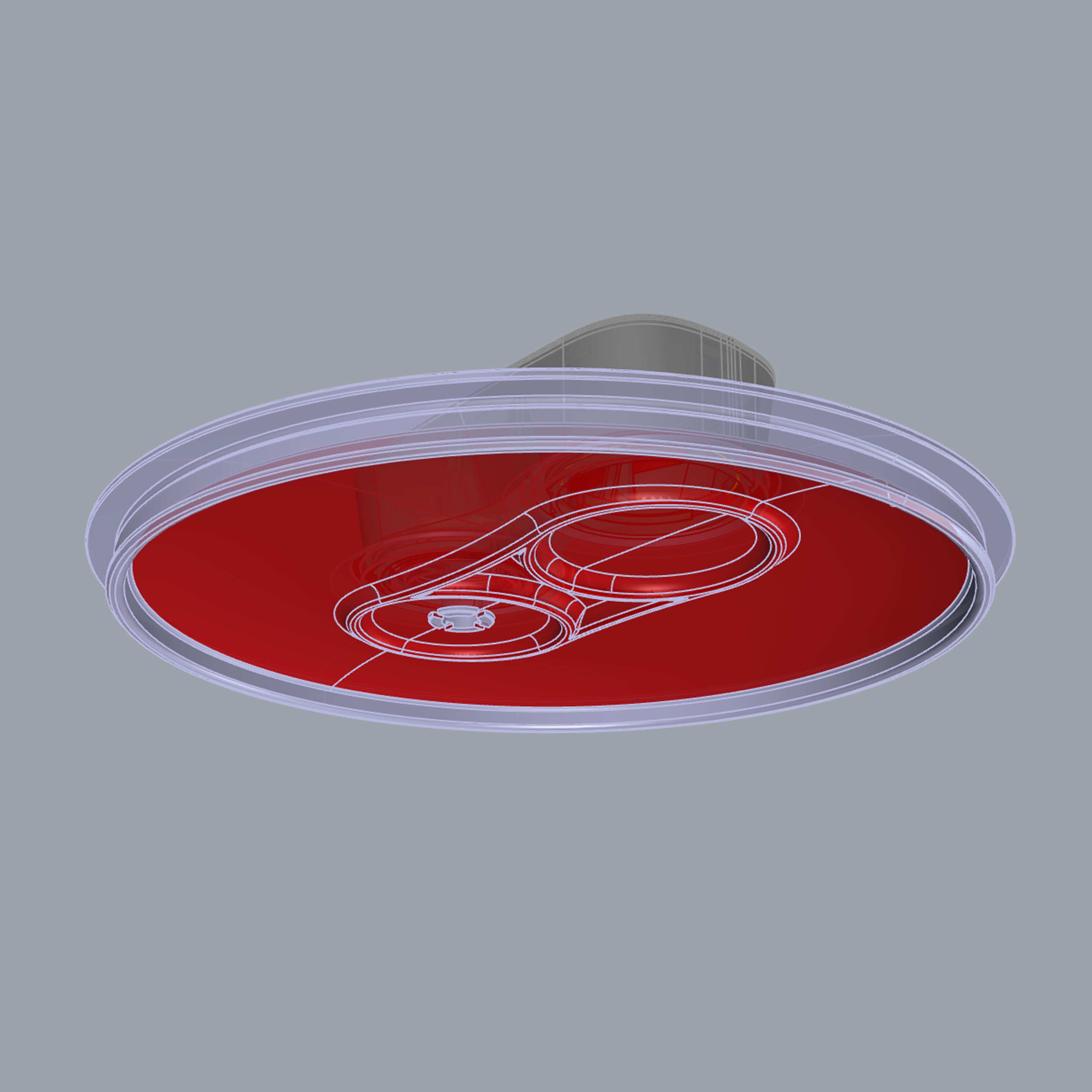 Transparent CAD view of the underside of a vacuum bowl lid with internal components highlighted