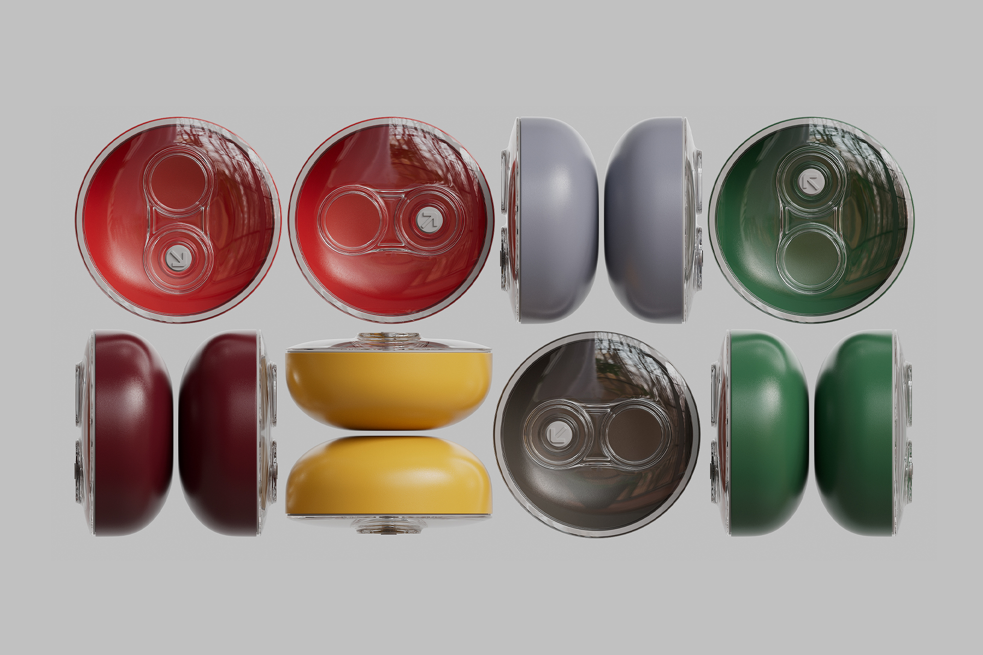 Vacuum bowls shown from top and side views in several colors and sizes